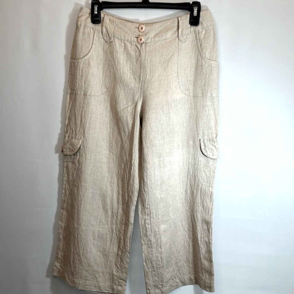 Style & Co Women Size 4 100% Linen Capri Cargo Pants Pockets Buttons Zipper Boho